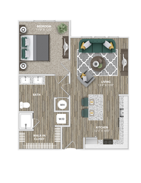 Floor plan for 1 bed, 1 bath, 690 sqft